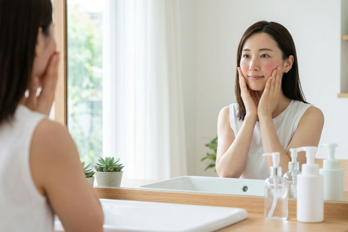 明るい洗面スペースで、頬の赤みを気にしながらやさしくスキンケアをする女性。