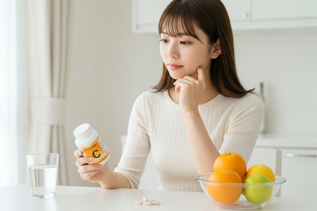 自宅のダイニングでビタミンCのボトルを手に眺めている女性。テーブルには柑橘類やサプリメント。水の入ったコップが置かれている。