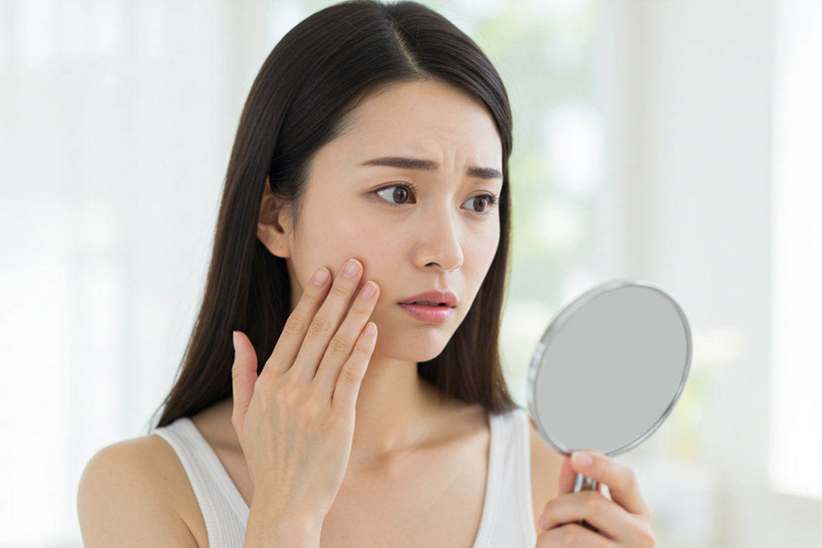 手鏡を見ながら頬に触れ、困り顔をしている女性。タンクトップを着用している。不安げな表情。