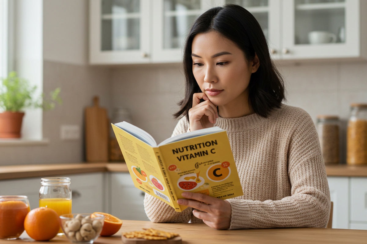 自宅の椅子に座り、ビタミンCに関する書籍を読んでいる女性。手をあごに添えて考えている表情。テーブルには柑橘類や柑橘系の飲み物などが置かれている。