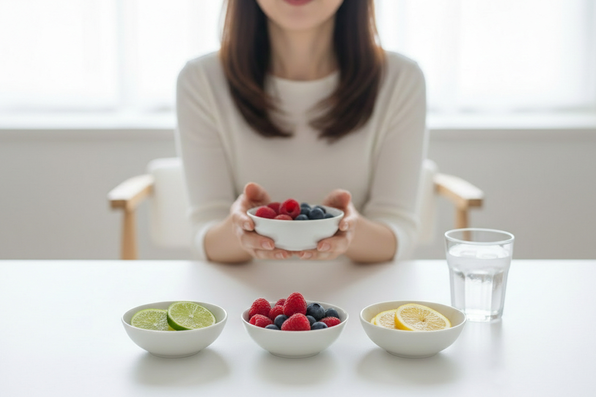 明るい自宅の椅子に座り、テーブルの上には柑橘系の果物やベリー系の果物が入った皿が3つ並べられ、手にはベリー系の入ったお皿を持っている女性。並べられた皿の横には水の入ったコップ。