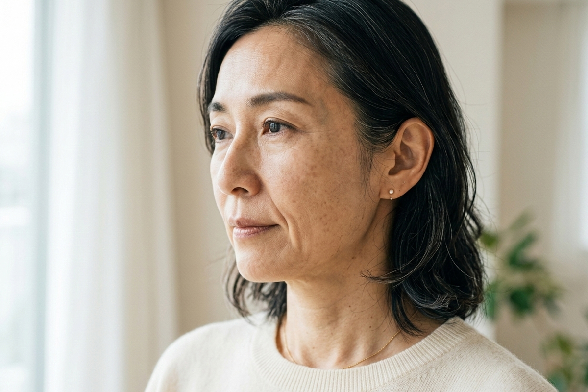 明るい室内で窓の外を見つめる40代の日本人女性のクローズアップ。頬の影によって、鼻の横から口角へ伸びる鼻唇溝（ほうれい線）がはっきり分かる。