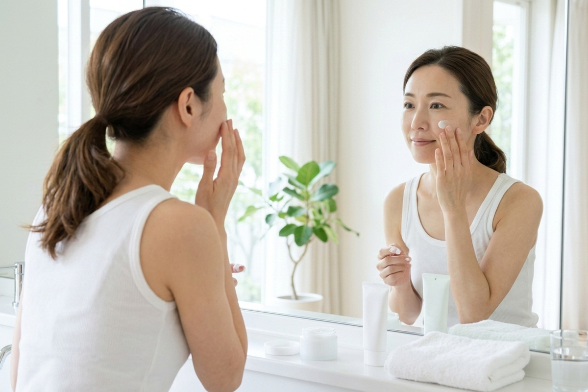 明るい洗面台で40代前後の女性が口元〜頬に保湿クリームをやさしくなじませている。カウンターに日焼け止め、タオル、水のグラスが置かれている。