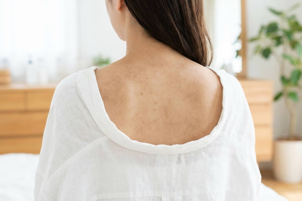 ウッド調の家具が置かれた明るい室内にいる女性。背中の開いた白いシャツを着用しており、その背中には色素沈着タイプのニキビ跡が多数見えている。