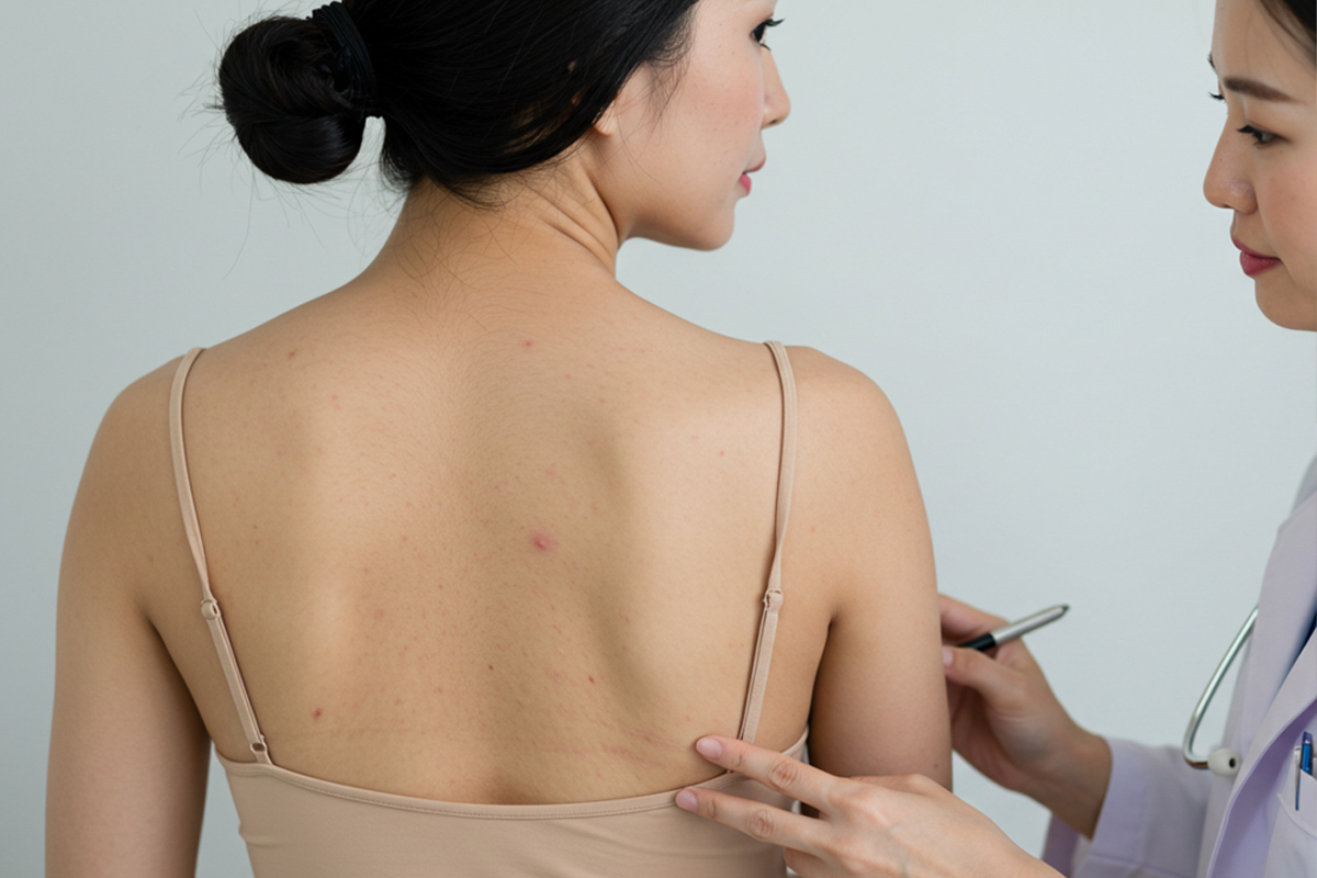 キャミソールを着た女性の背中に赤ニキビができており、それを女医が診察している様子。