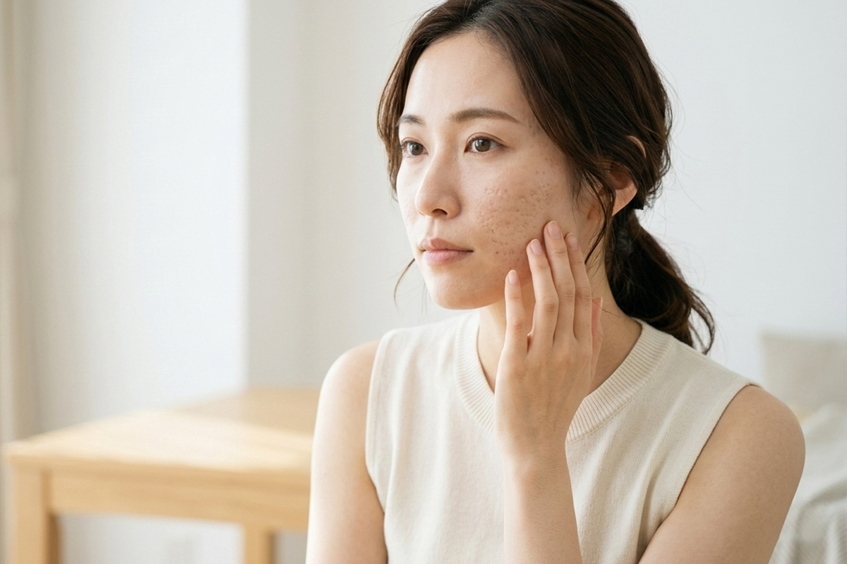 左頬のニキビ跡のクレーターによる凹凸を指先でやさしく確認する女性の横長ポートレート