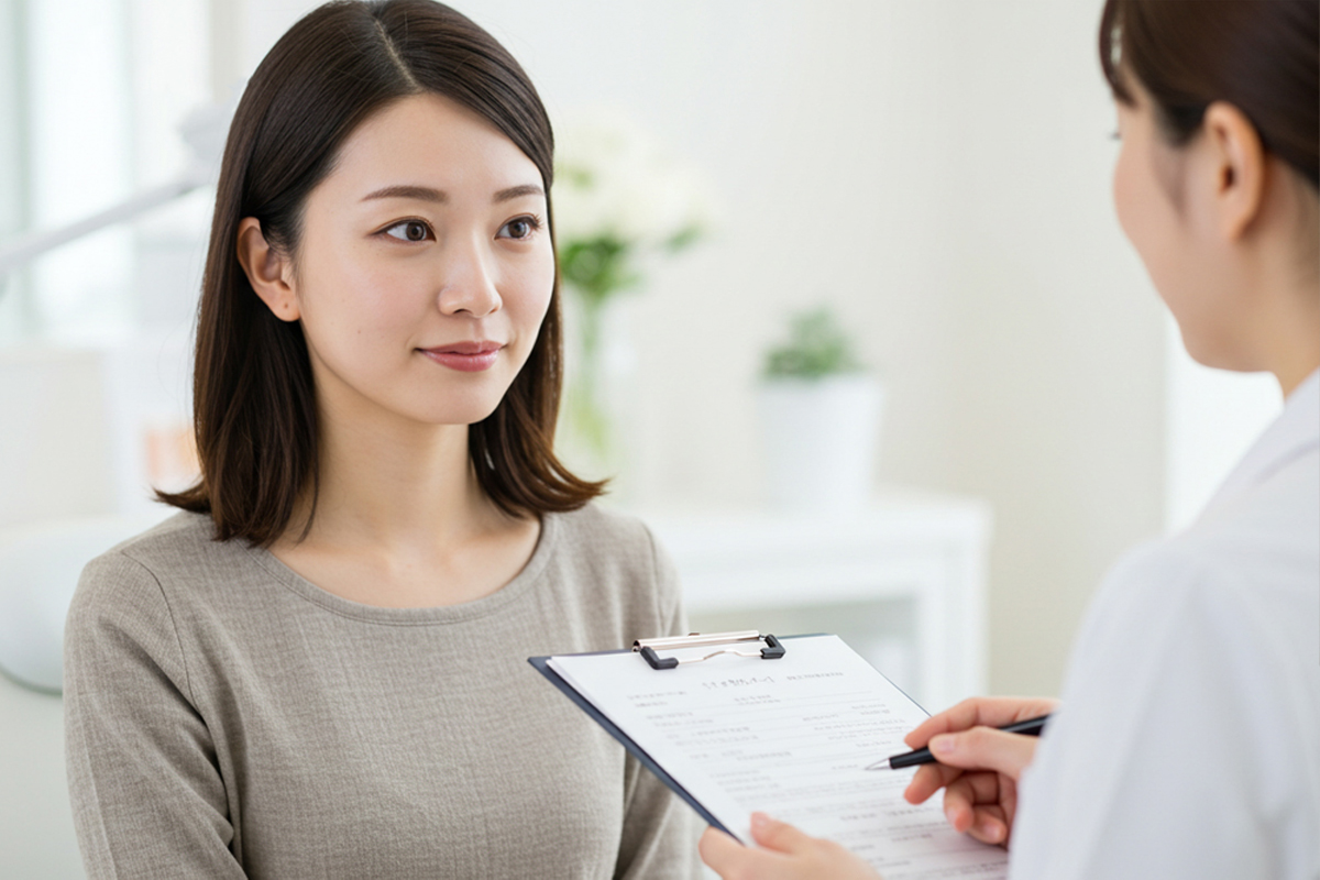 女性医師と相談している女性。前向きな表情で相談している様子。