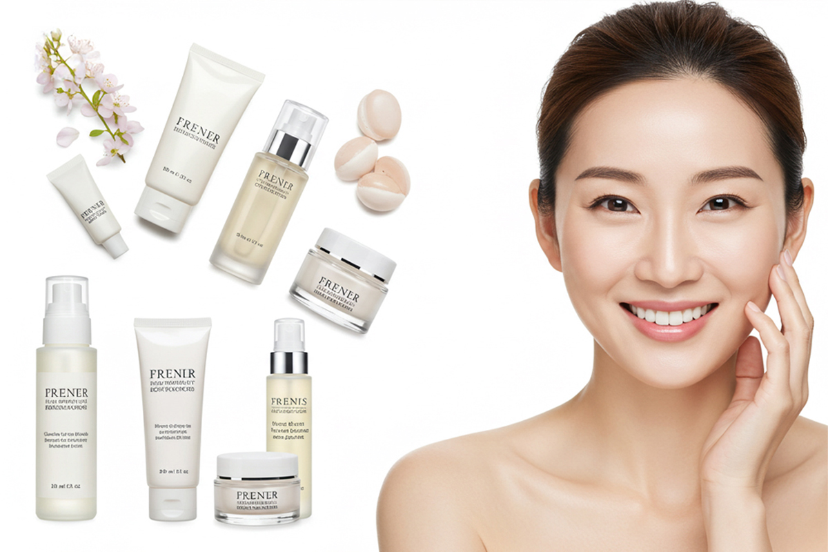 白い背景に頬に手を当てて微笑んでいる毛穴レスな女性と、その横に様々な化粧品が描かれた写真。毛穴レスな肌を作るためにはスキンケアが重要であることを表している構図。