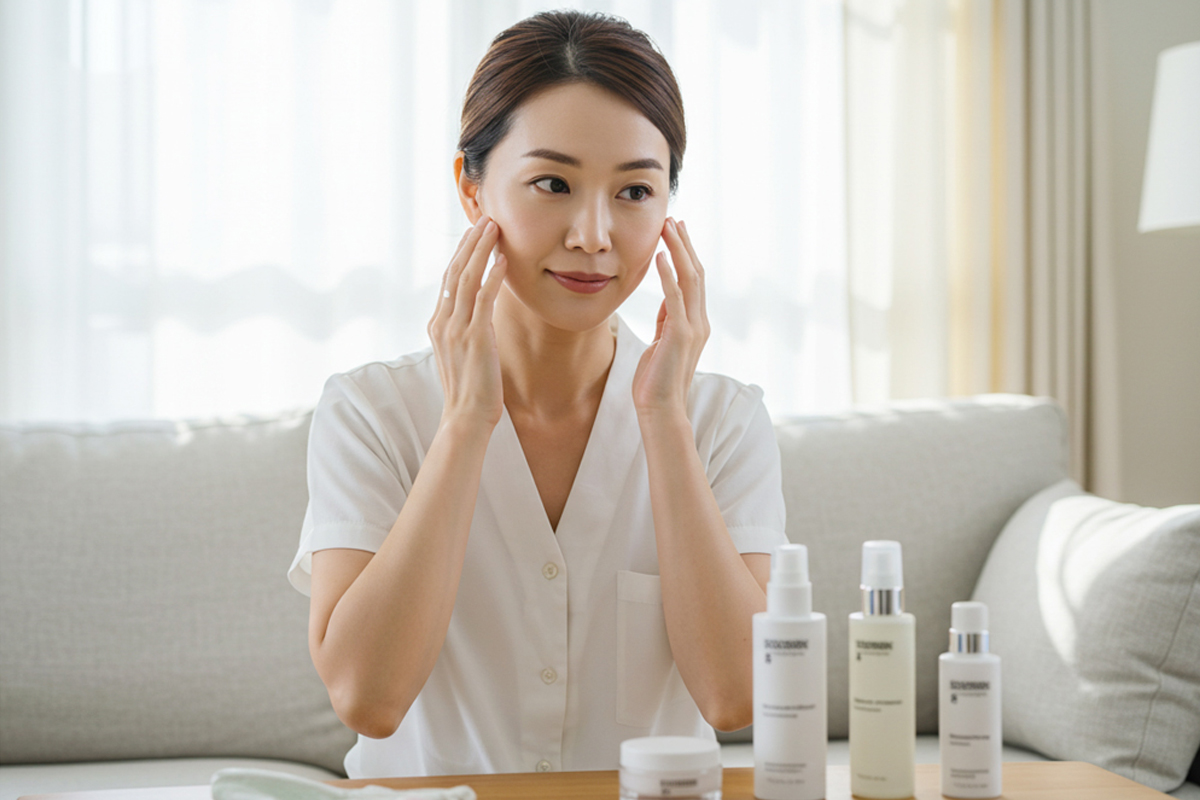 明るいリビングで、白いブラウスの女性が両手で頬に触れ、鏡を見ながらスキンケア後の肌の状態を確認している写真です。テーブルの上に化粧水や乳液などのボトルとクリーム容器が並んでいます。