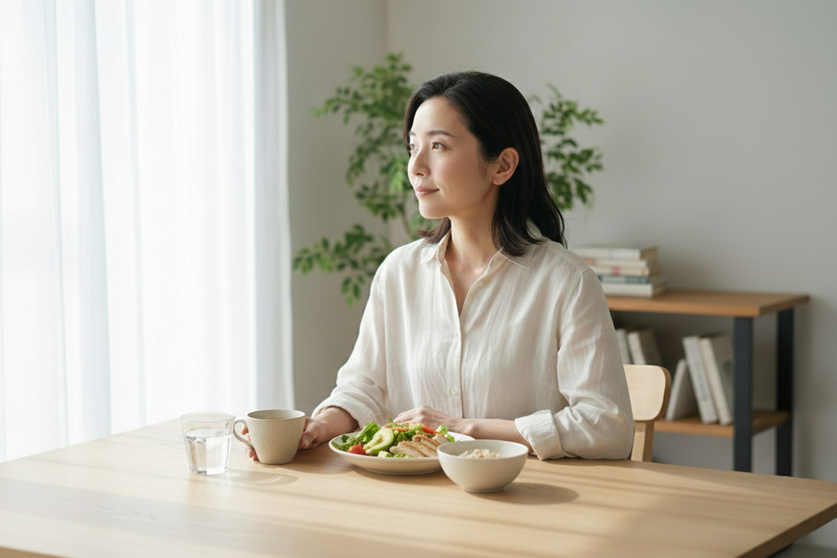 明るい室内で食事をしている女性。テーブルの上にはサラダや白米、水の入ったコップ、スープの入ったマグカップが置かれている。女性はマグカップに手をかけ大きな窓の方を向いて座っている。