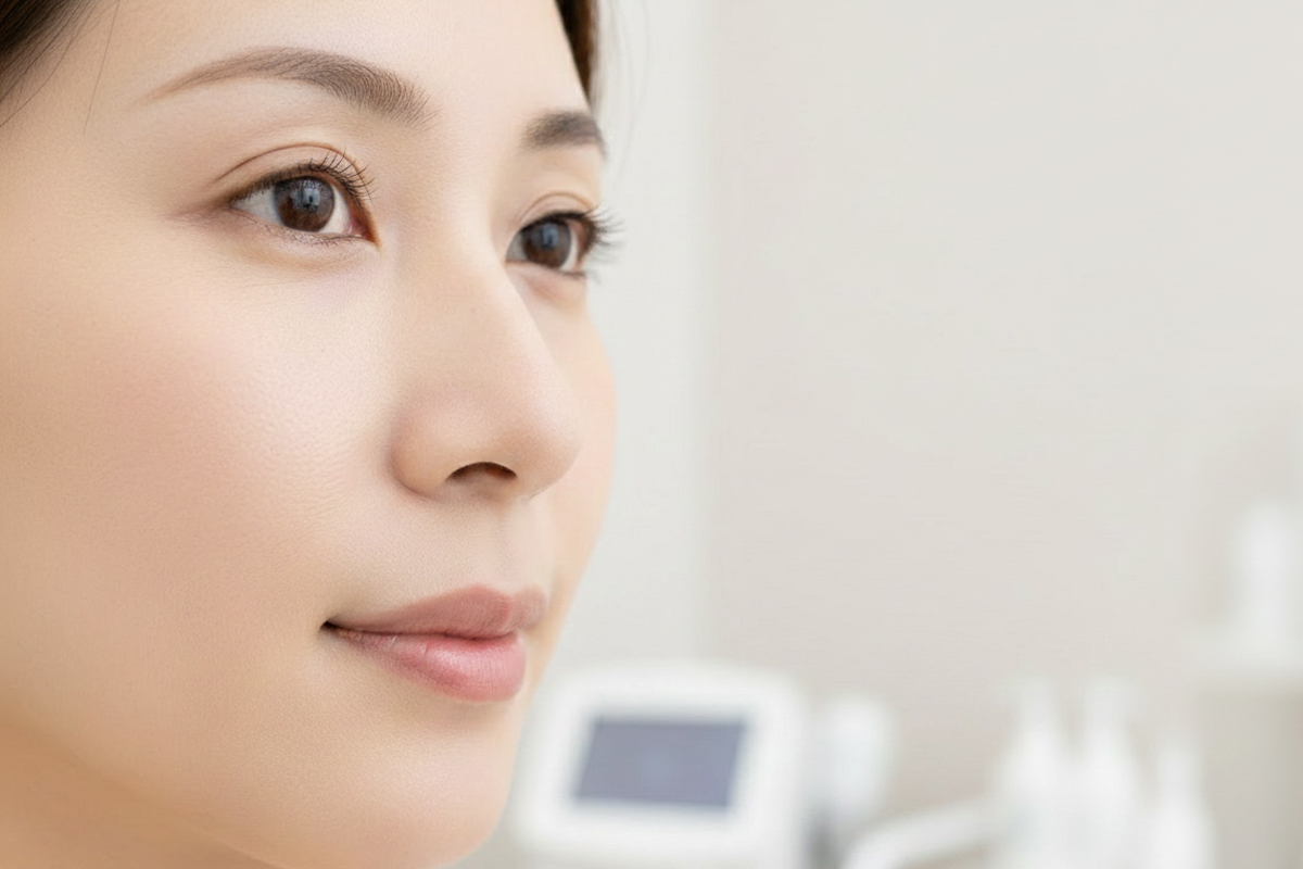白を基調とした明るい美容クリニックの室内。キメの整った肌を強調するように画面の左半分に微笑んだ女性の顔のアップ、背景には美容医療機器が配置されており、ぼかしがかかっている。