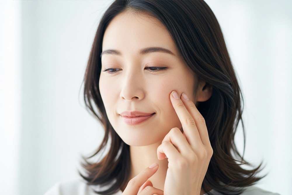 頬骨下のへこみやたるみを気にして頬を軽く触れる女性のイメージ写真