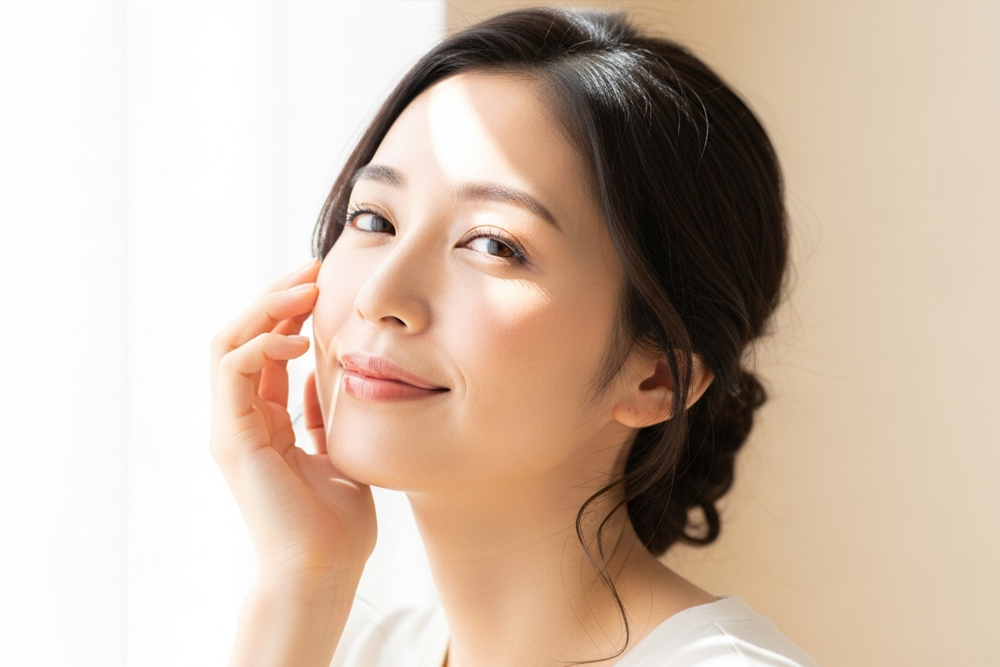 肌のハリやツヤが整い、頬に手を添えて微笑む女性のイメージ写真。美容ケア後の明るい仕上がりを表現したカット