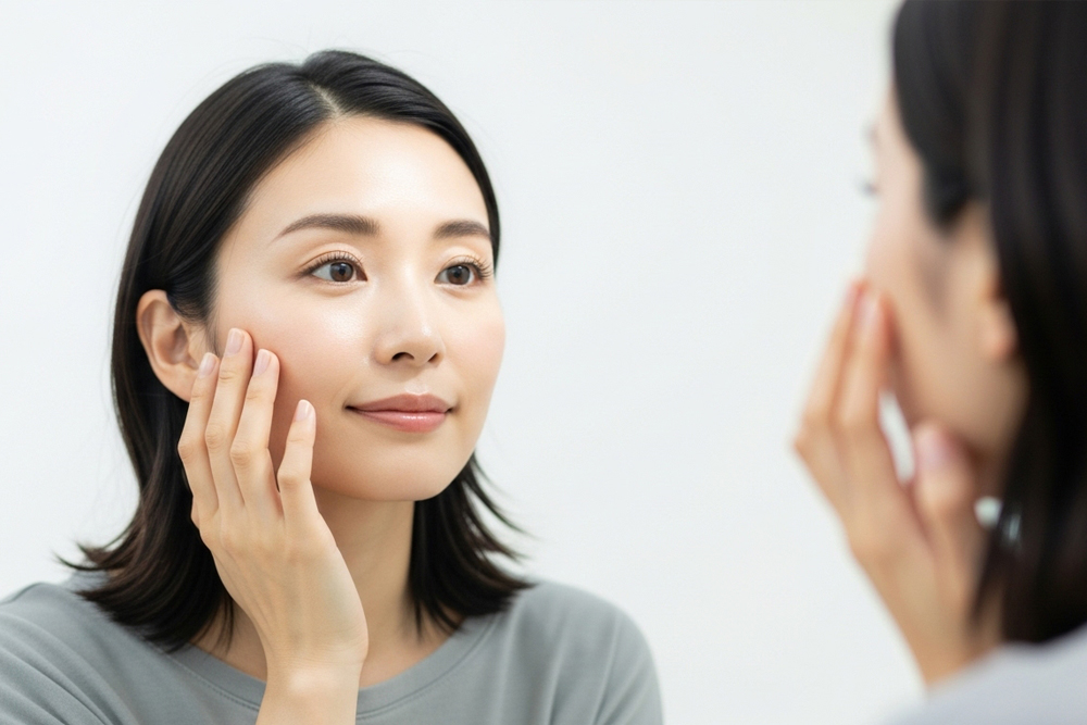 鏡を見ながらフェイスラインや頬のハリを確認する女性のイメージ写真。美容施術後の仕上がりをイメージさせるカット