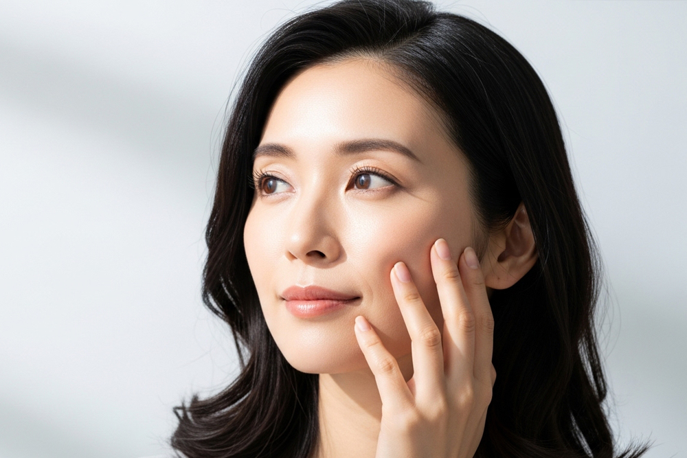 頬に手を添えて肌のハリやフェイスラインの仕上がりを確かめる女性のイメージ写真。美容施術後の自然なボリューム感を表現したカット