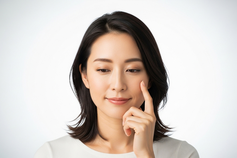 頬に軽く触れながら肌の状態を確認する女性のイメージ写真。頬骨下のへこみやたるみを意識した表情