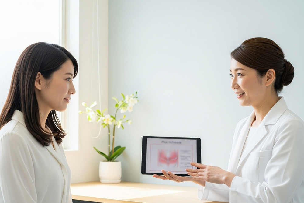 美容クリニックでデリケートゾーンの黒ずみ治療について説明を受ける女性のイメージ写真