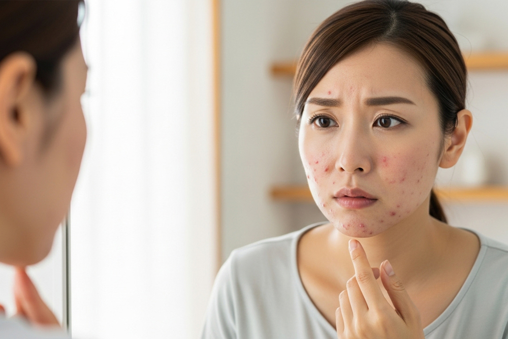 鏡を見ながら眉をひそめ、額から頬、あごにかけて赤いニキビが広がった自分の顔を指で触れて気にしている女性のアップ写真。