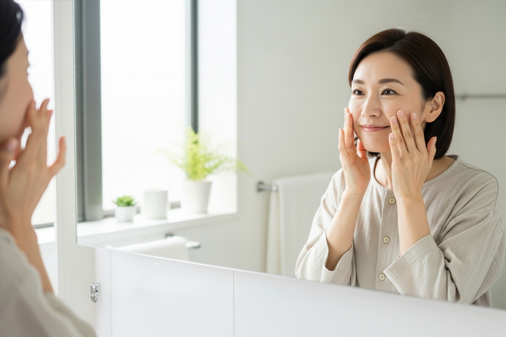 洗面台の前で鏡を見ながらほほに両手を添え、肌を持ち上げるようにやさしく触れてほうれい線やハリの状態をチェックしている笑顔の女性