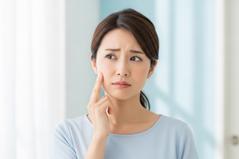 ボライトが効果ないのではと心配し、頬を指で触れて状態を確認する女性のイメージ写真