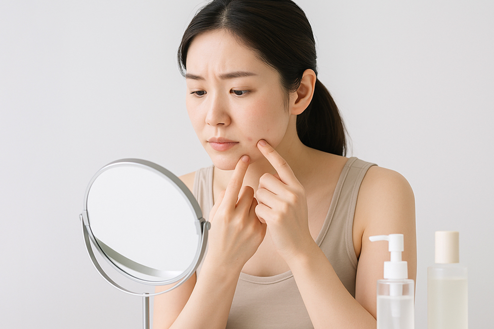 卓上ミラーを見ながら、頬にできた赤いニキビを指で触って気にしているタンクトップ姿の女性と、横に並んだ化粧水や乳液などのスキンケアボトルの様子