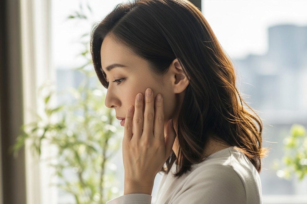 窓辺のやわらかい光の中で横顔を向き、片手でほほに触れながらほうれい線やたるみが気になっている様子の女性