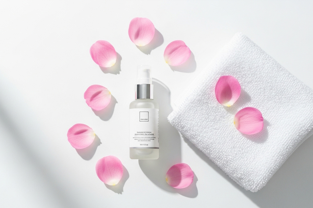 デリケートゾーンの黒ずみ対策に使われるスキンケアアイテムとタオルを並べたセルフケアのイメージ写真