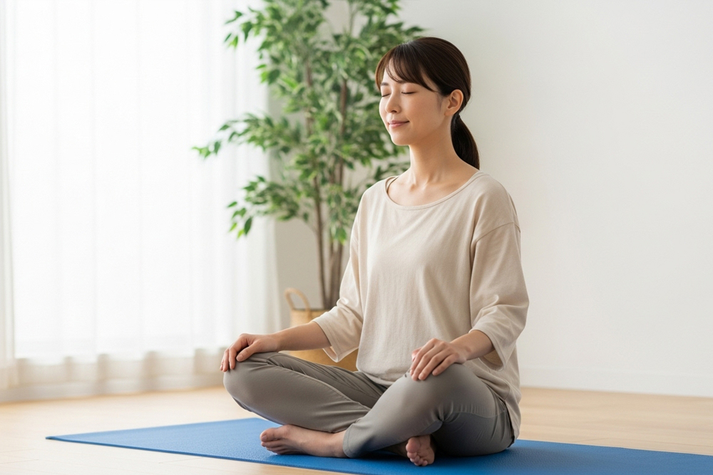 自宅のリビングでヨガマットの上にあぐらで座り、目を閉じて深呼吸をしながらリラックスしている女性の様子
