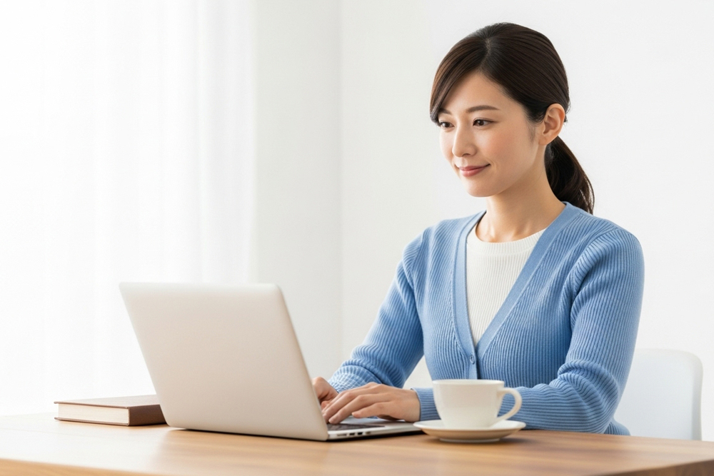 木目のテーブルでノートパソコンを操作するカーディガン姿の女性が、コーヒーカップをそばに置いて穏やかな表情で画面を見つめ、デリケートゾーンの黒ずみケアについて情報収集している様子