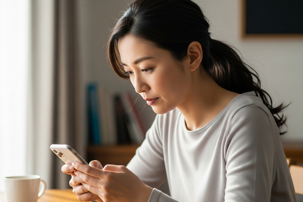 テーブルで前かがみになってスマートフォンを両手で持ち、画面に集中しているポニーテールの女性の横顔。うつむき姿勢で長時間スマホを見る生活習慣をイメージさせるシーン