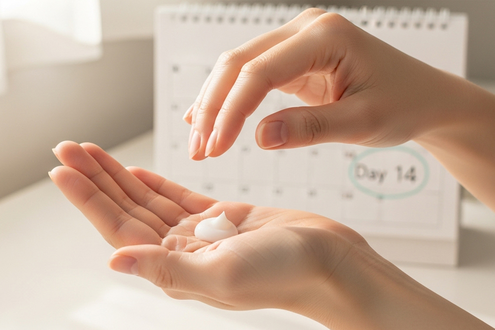手のひらに白いクリームを適量とり、指先で伸ばそうとしている手元のアップ。背景には「Day14」と書かれたカレンダーがぼんやり映り、Oラインの黒ずみ予防のために保湿クリームを継続してケアするイメージ