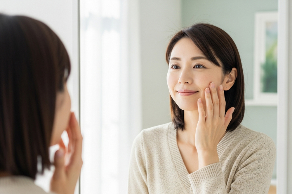 ボライトは効果ないのか気になり、鏡の前で頬の状態を確認している女性のイメージ写真