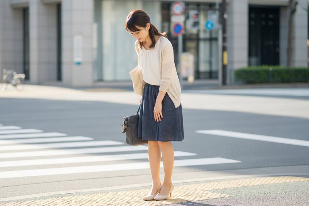 交差点の手前で立ち止まり、パンプス姿で足元を見下ろしながらふくらはぎの太さやだるさを気にしている通勤中の女性の全身イメージ
