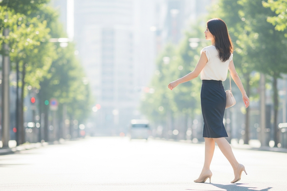 ビル街の大通りを、ヒールのパンプスで姿勢よく歩く細身の女性の全身が横から写され、タイトスカートから伸びるまっすぐな脚とふくらはぎのラインが強調されているイメージ