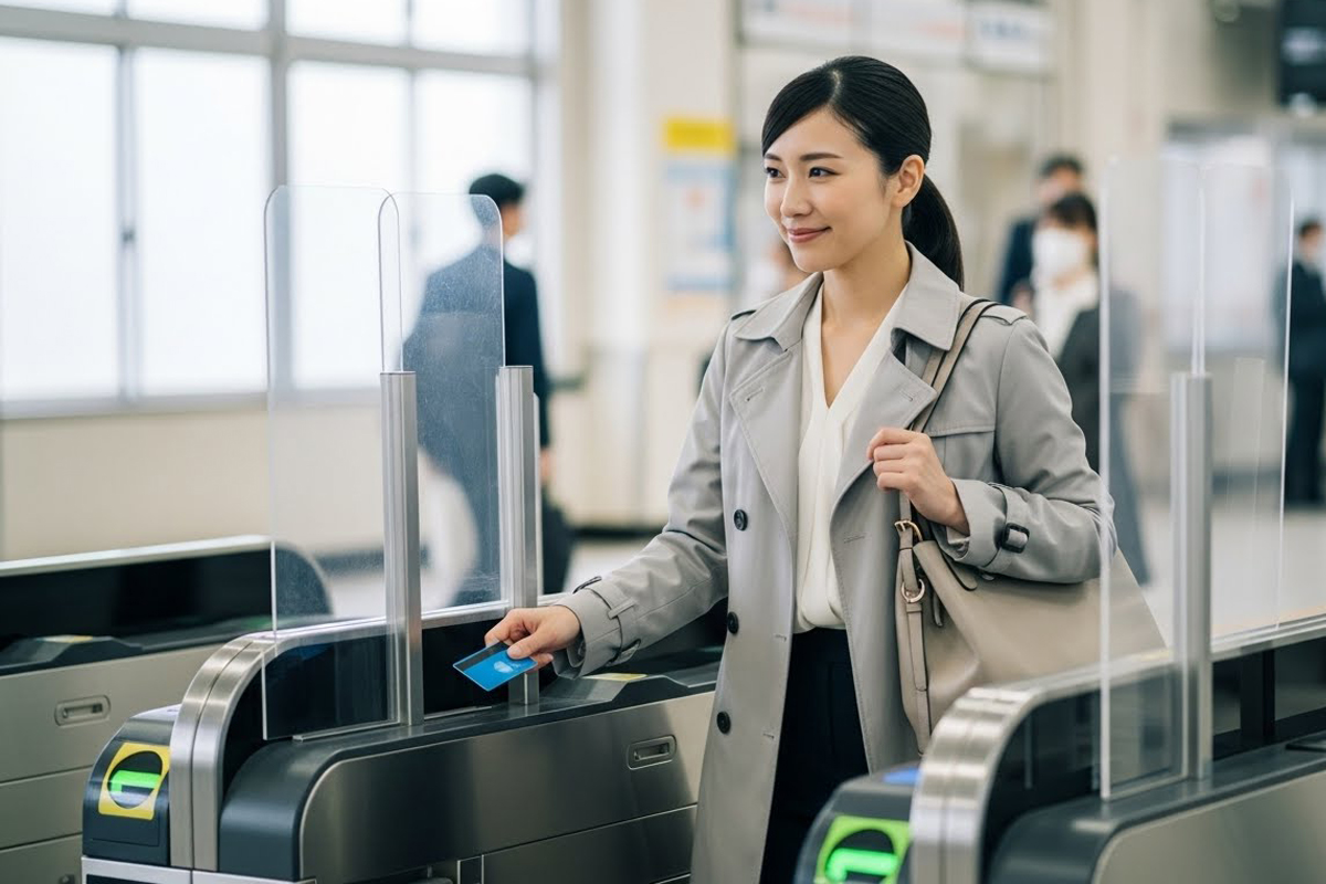 30代くらいの女性が駅の改札でICカードをタッチし、通勤中に歩きながら移動している様子です。トレンチコートを着てバッグを持ち、落ち着いた表情で前に進んでいます。