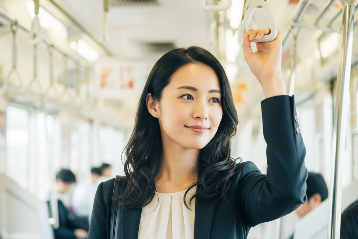 30代くらいの女性が電車内でつり革を持ち、通勤中に前を見ながら落ち着いた表情で立っています。
