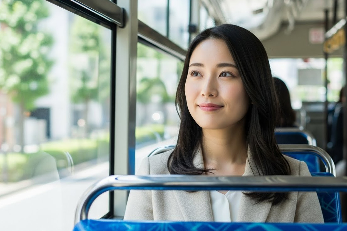 30代くらいの女性がバスの座席に座り、窓の外を見ながら通勤中にリラックスしている様子です。明るい車内で、穏やかな表情をしています。