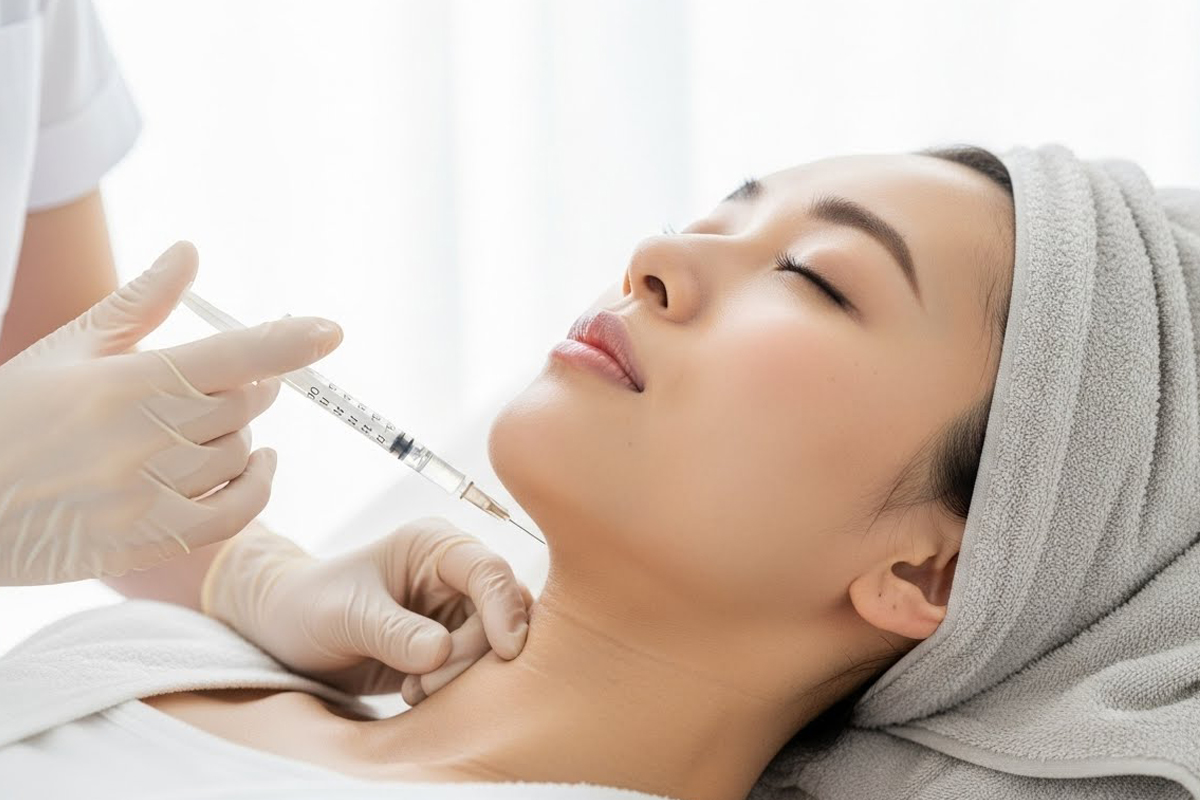 30代くらいの女性が施術ベッドに横になり、タオルで髪をまとめた状態で目を閉じています。医療用手袋をした施術者が、首元（あご下付近）に注射器で注入する施術を行っている場面です。