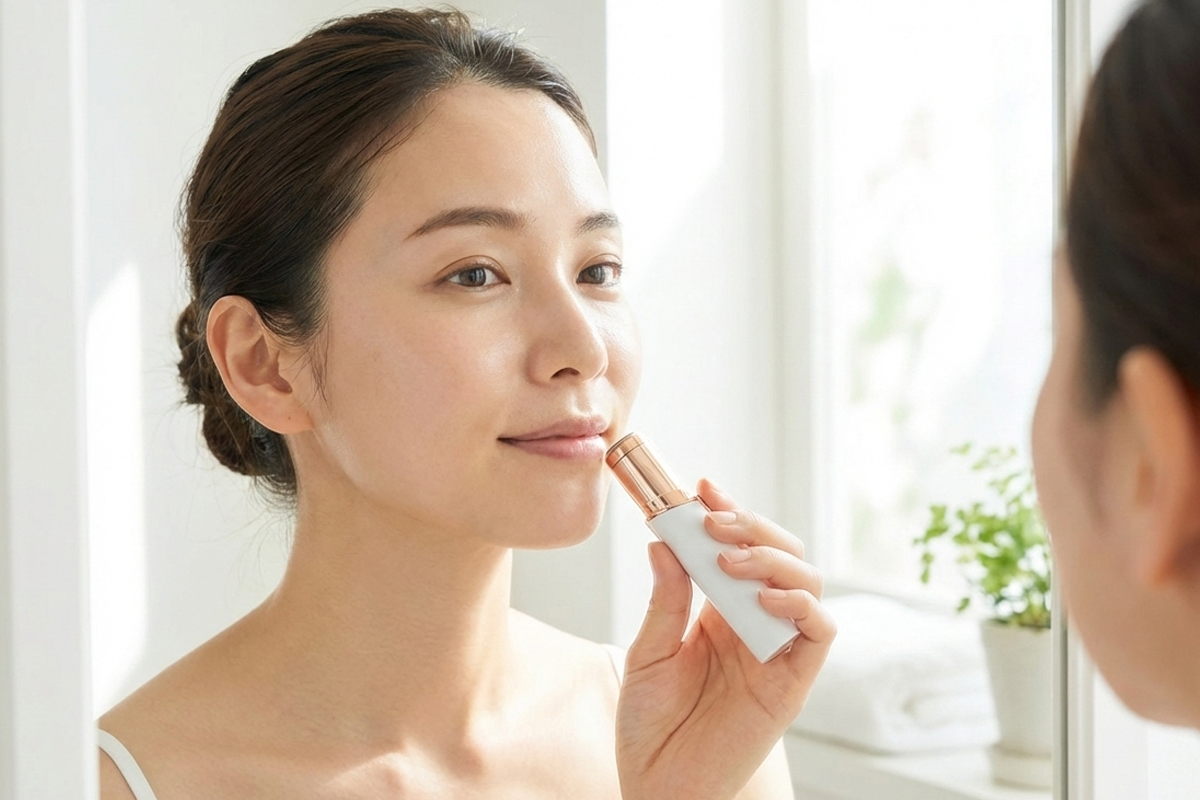 鏡の前で口元に電動シェーバーを当て、口ひげの産毛をやさしく処理している女性の写真です。