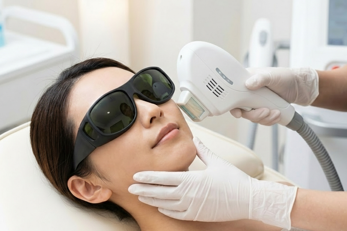 ベッドに横になった女性がゴーグルを着け、施術者が白い脱毛機器を頬に当てて口周りの脱毛を行っている様子の写真です。