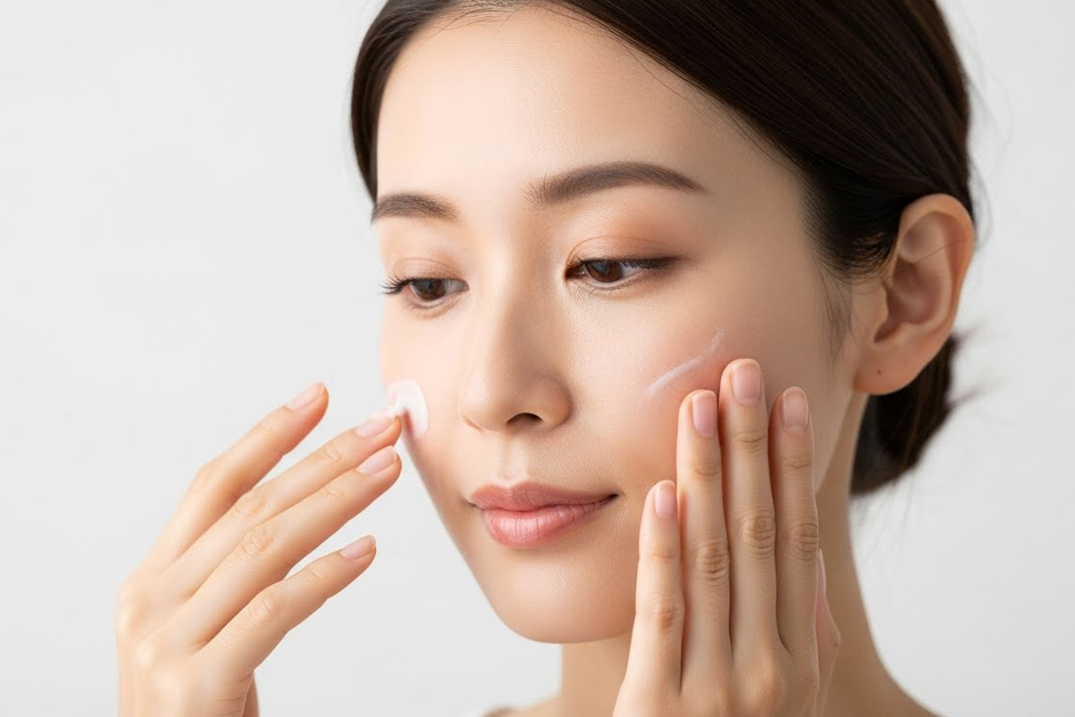 頬と口元にクリームをのせ、両手でやさしくなじませながらスキンケアをしている女性のアップ写真です。