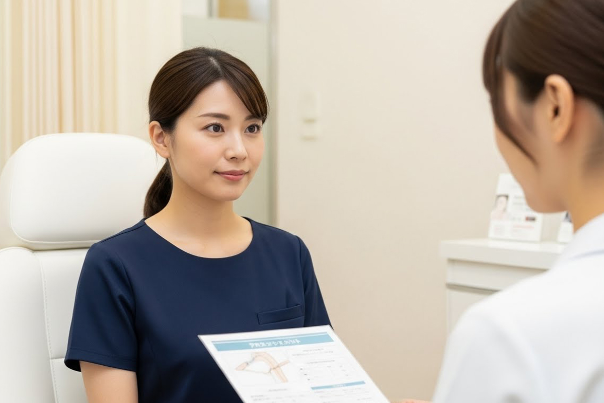 クリニックの個室で、椅子に座った女性がスタッフの説明を聞きながら、口元やひげ脱毛の案内資料を受け取っているカウンセリングの写真です。
