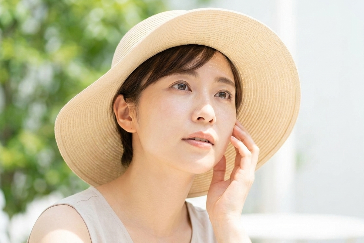 麦わら帽子をかぶり屋外で日差しを浴びているノースリーブ姿の女性