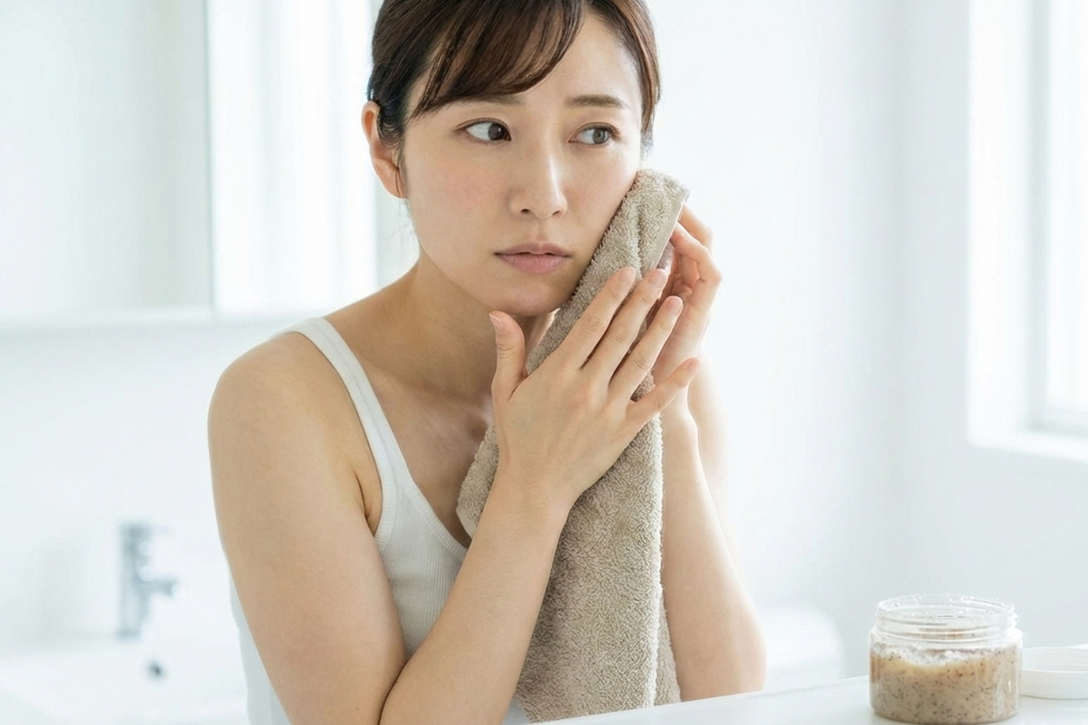 明るい室内で鏡を見ながら頬をタオルで押さえながら拭いている女性