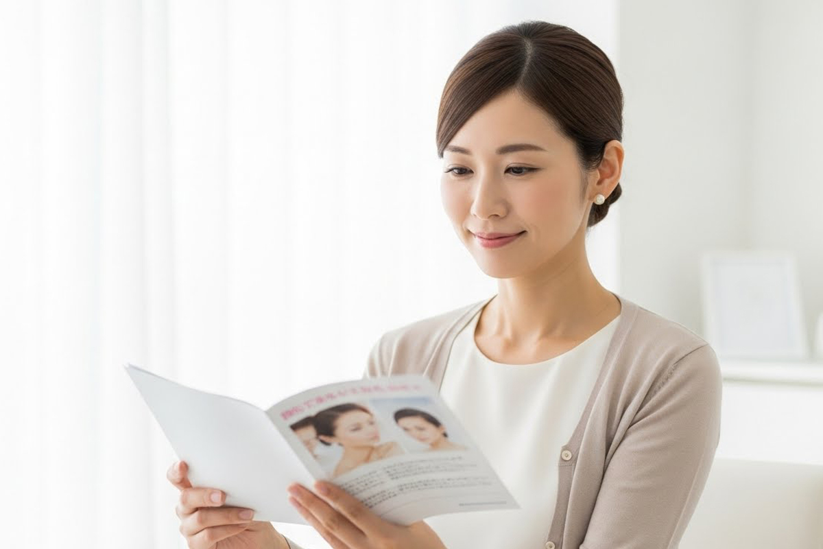 明るい部屋でベージュのカーディガンを着た女性が、肌ケアの写真が載ったパンフレットを手に取り、内容を読みながら情報を確認している様子の画像です。