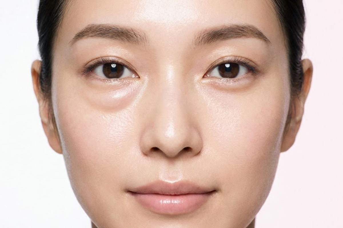 女性の顔を正面から写した写真です。目の下のふくらみや涙袋の立体感、肌のなめらかさが自然に伝わり、目元全体のハリや明るい印象がわかるように写っています。