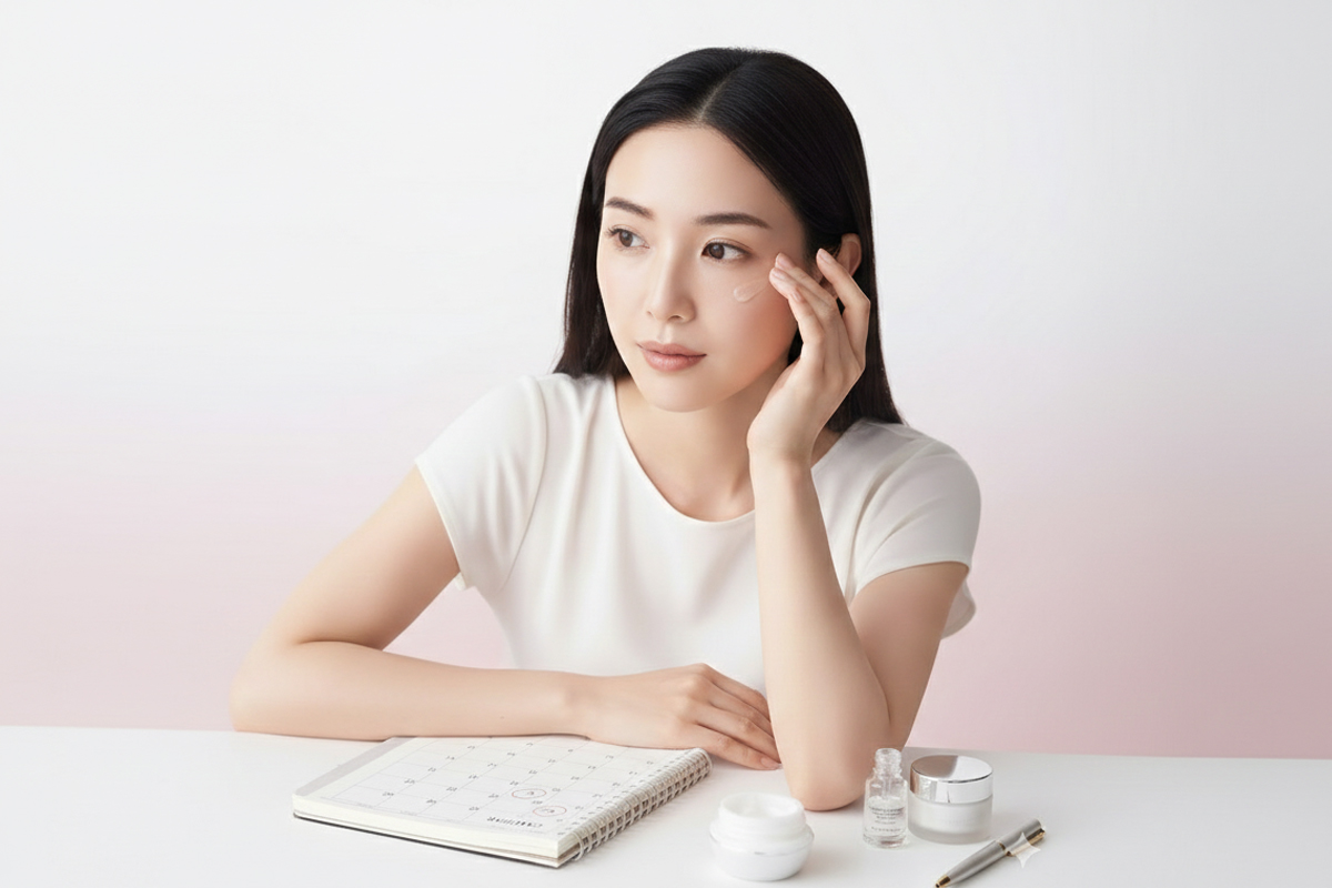 テーブルに座る女性が、目元に指を添えながら考えている様子です。手元には手帳とスキンケア用品が並び、ケア方法を検討している場面が伝わります。