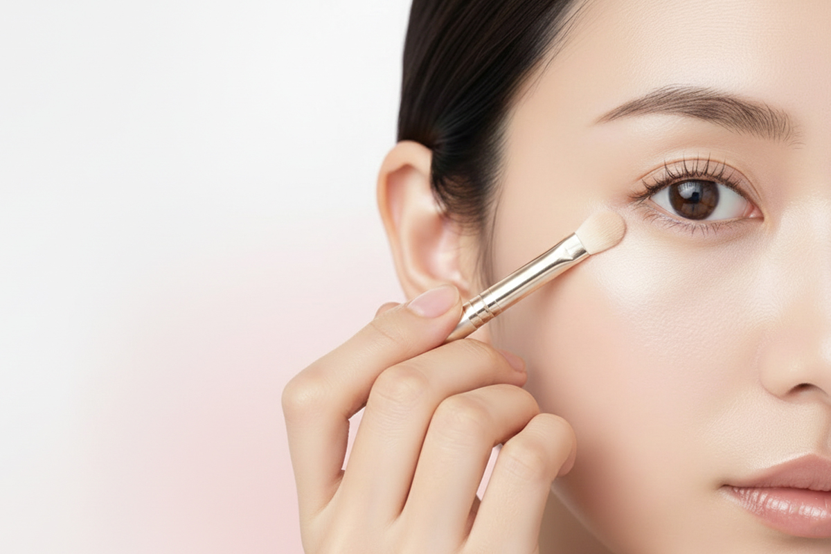 女性の目元をアップで写した写真です。小さなブラシで目の下にやさしくメイクを施しており、クマや影をカバーしながら、明るく整った目元に仕上げている様子が伝わります。