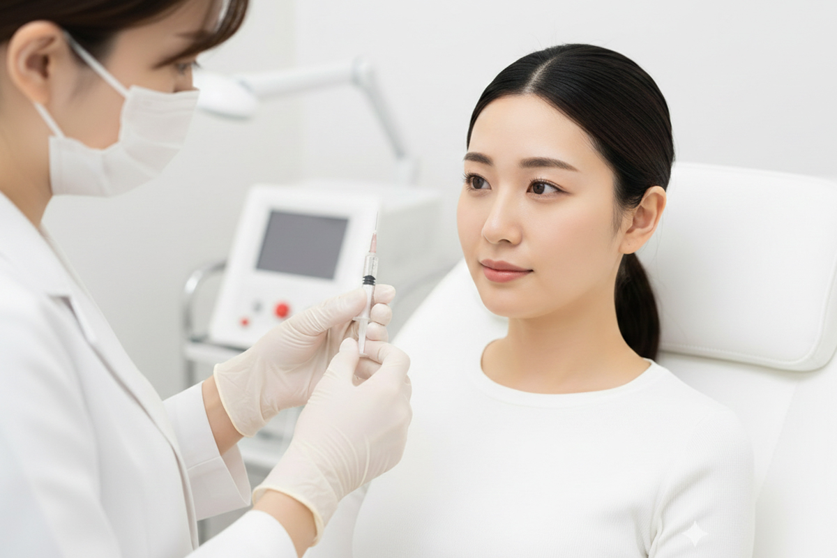 クリニックの施術室で、女性が椅子に座り、医師から注射器を使った説明や準備を受けている様子です。目元まわりのケアについて相談・施術を受ける場面が落ち着いた雰囲気で伝わります。