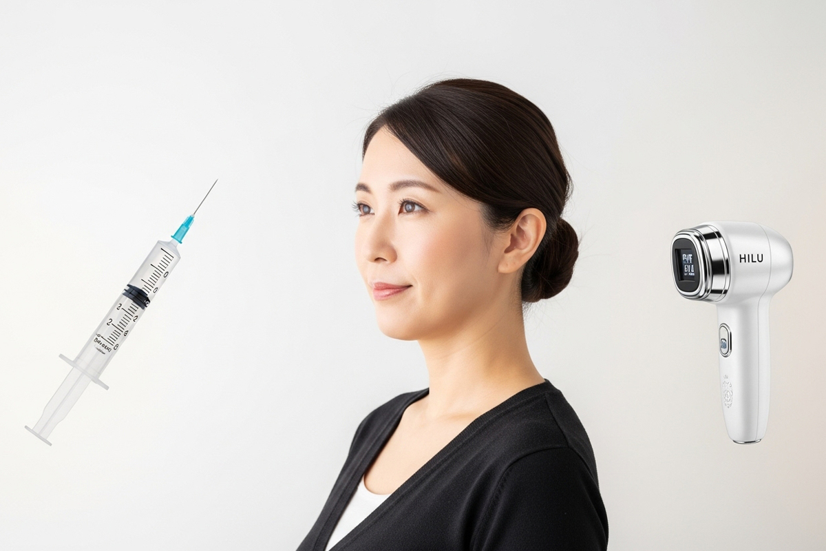 30代くらいの女性の横顔のイメージの左右に、注射器(脂肪溶解注射のイメージ)とHIFU機器が配置され、二重あごケアの方法を比べて考える場面です。